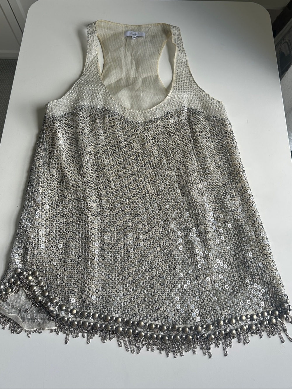 Adam Lippes Silver Sequin Chain Embellished Vest Tank Top Size 0